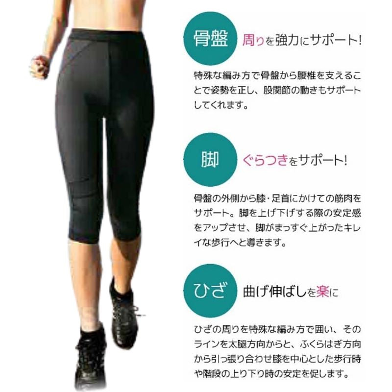 美脚セレブ チェンジウォーク 七分丈スパッツ （ブラック）美脚 特許テーピング 歩行サポート スパッツ 膝 脚 関節骨盤 太もも Ｏ脚 年齢 筋肉 内転筋 内旋筋 股関節重心 筋収縮 速乾 ふらつき